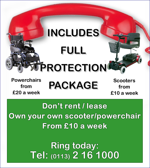 Image of telephone with a powerchair and scooter. Call today. Tel: (0113) 2 16 1000